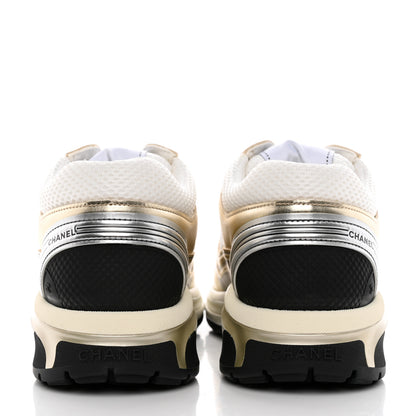 Chanel Fabric Laminated Calfskin Stretch CC Womens Sneakers 39 White Gold Silver 5 of 11