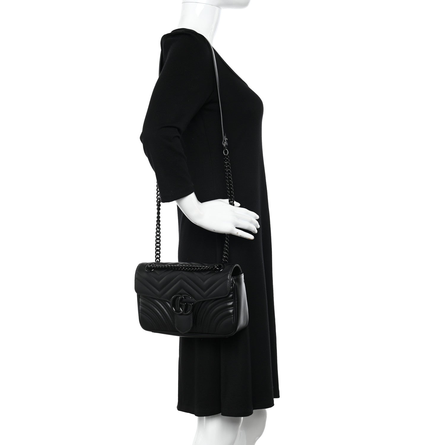 Gucci Calfskin Matelasse Monochrome Small GG Marmont Shoulder Bag Black 2 of 11