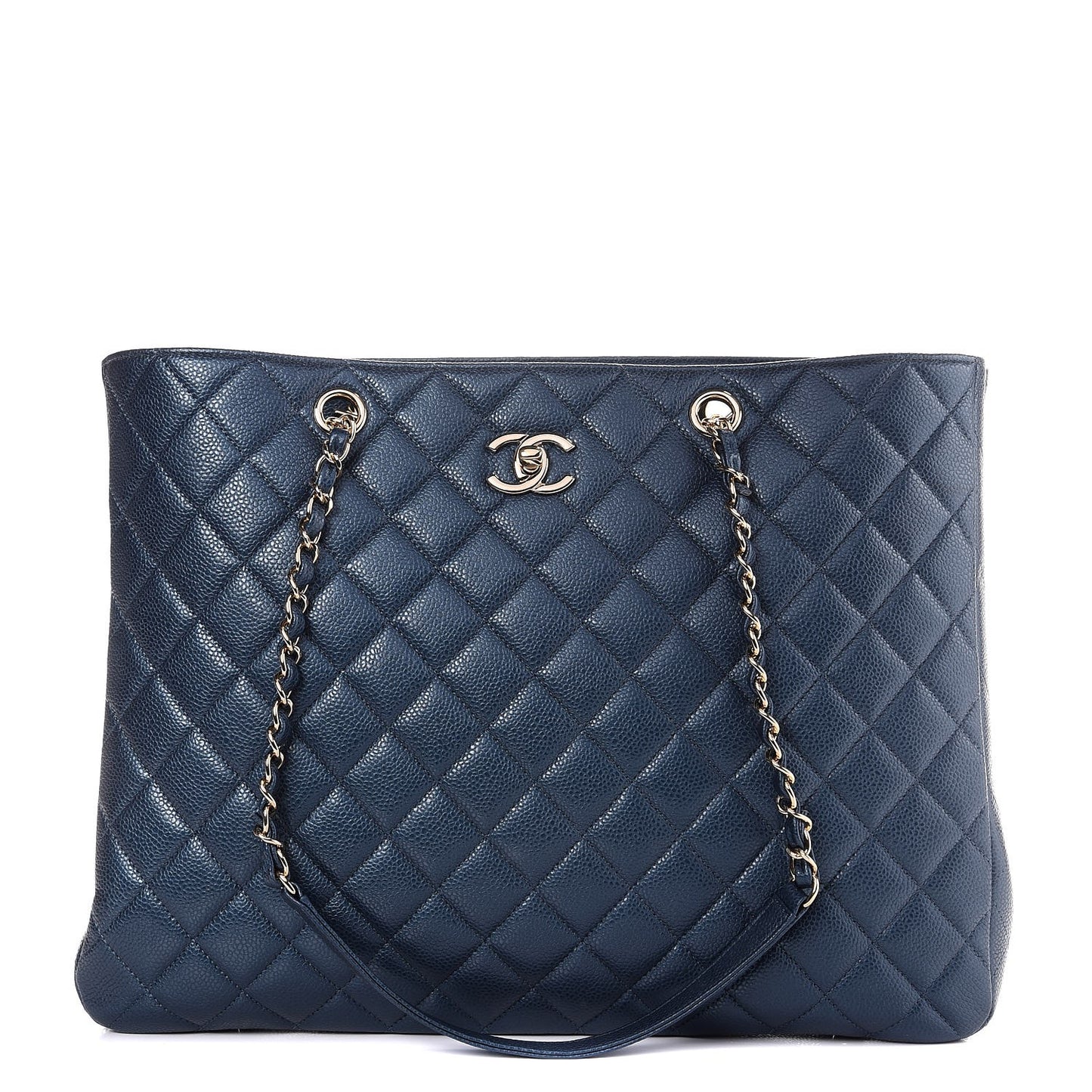 Metallic Caviar Quilted Large Classic Shopping Tote Dark Blue