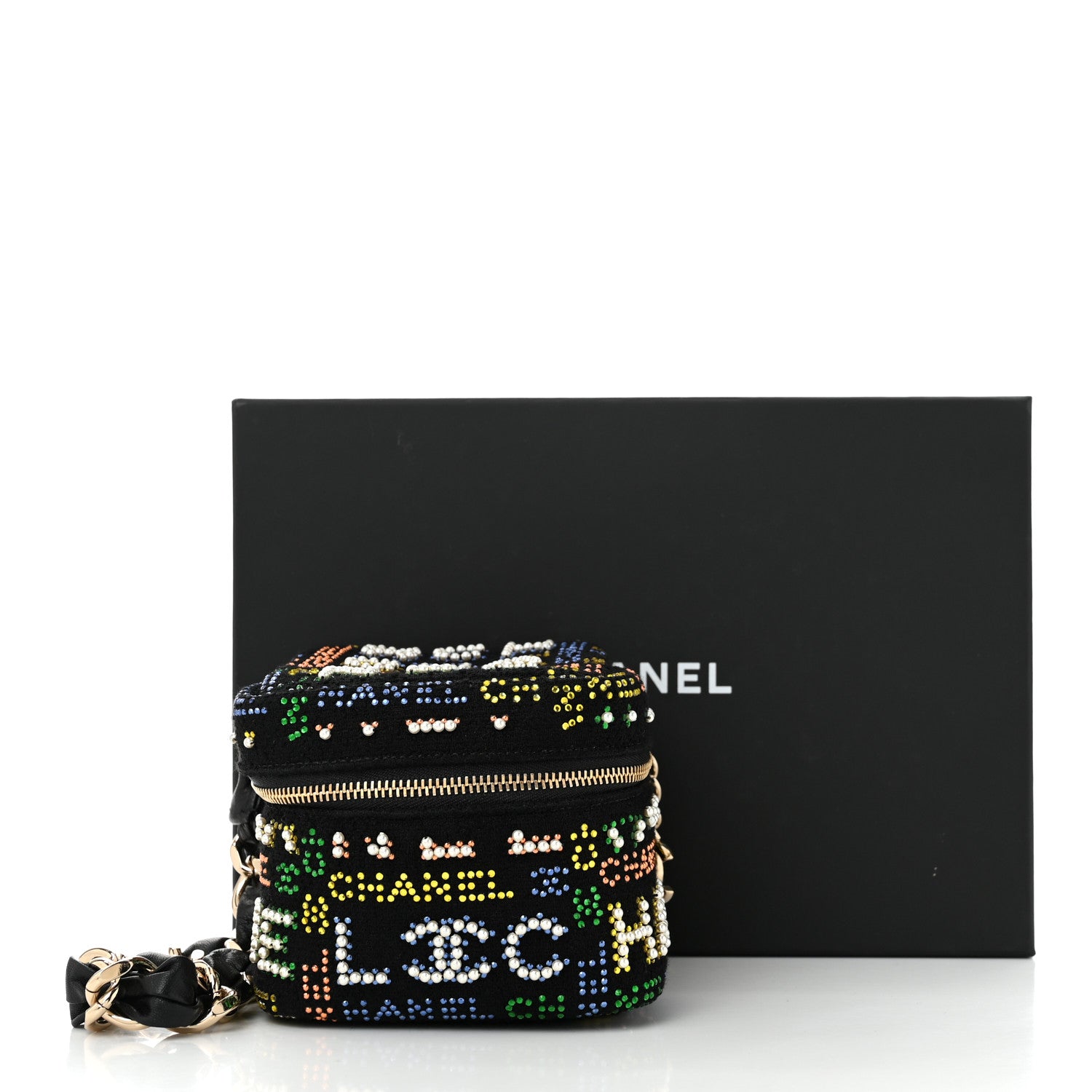 Chanel Tweed Pearl Studded Vanity Wrist Case With Chain Black Multicolor 11 of 11
