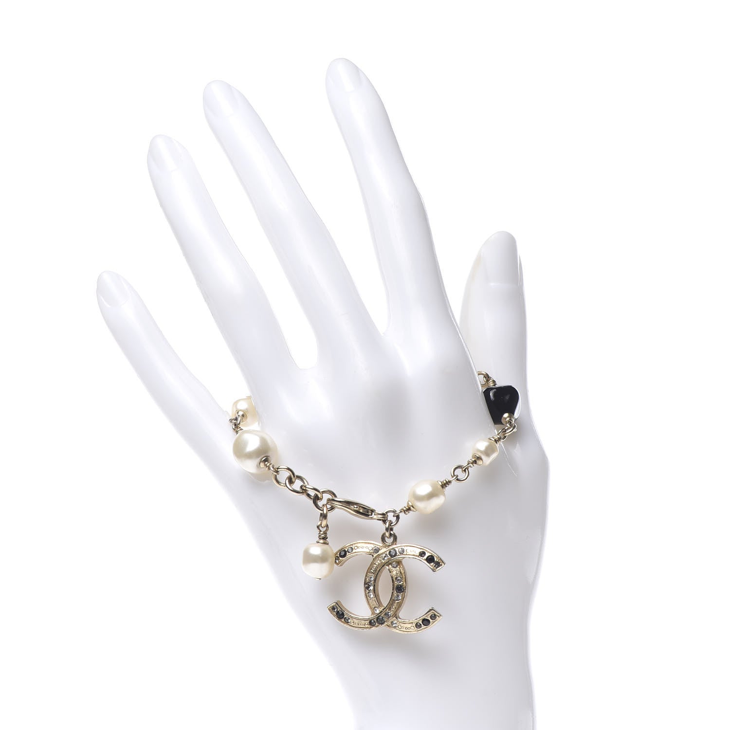 Chanel Pearl Crystal Beaded CC Bracelet Black Gold 2 of 4