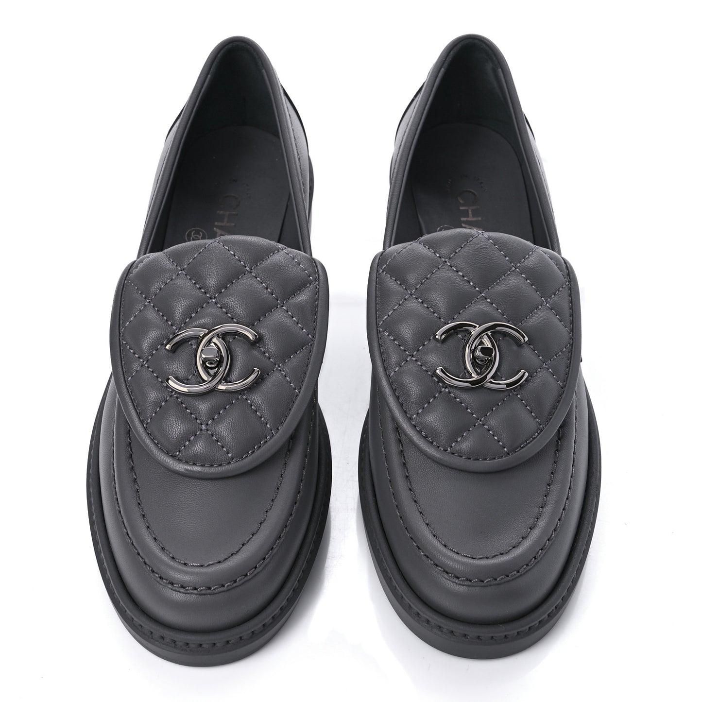 Lambskin Quilted CC Turnlock Moccasins 38.5 Grey