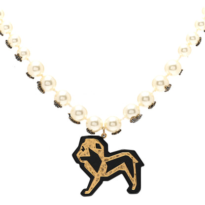Christian Dior Pearl Resin Crystal Lion Pendant Choker Necklace Gold White Black 1 of 6