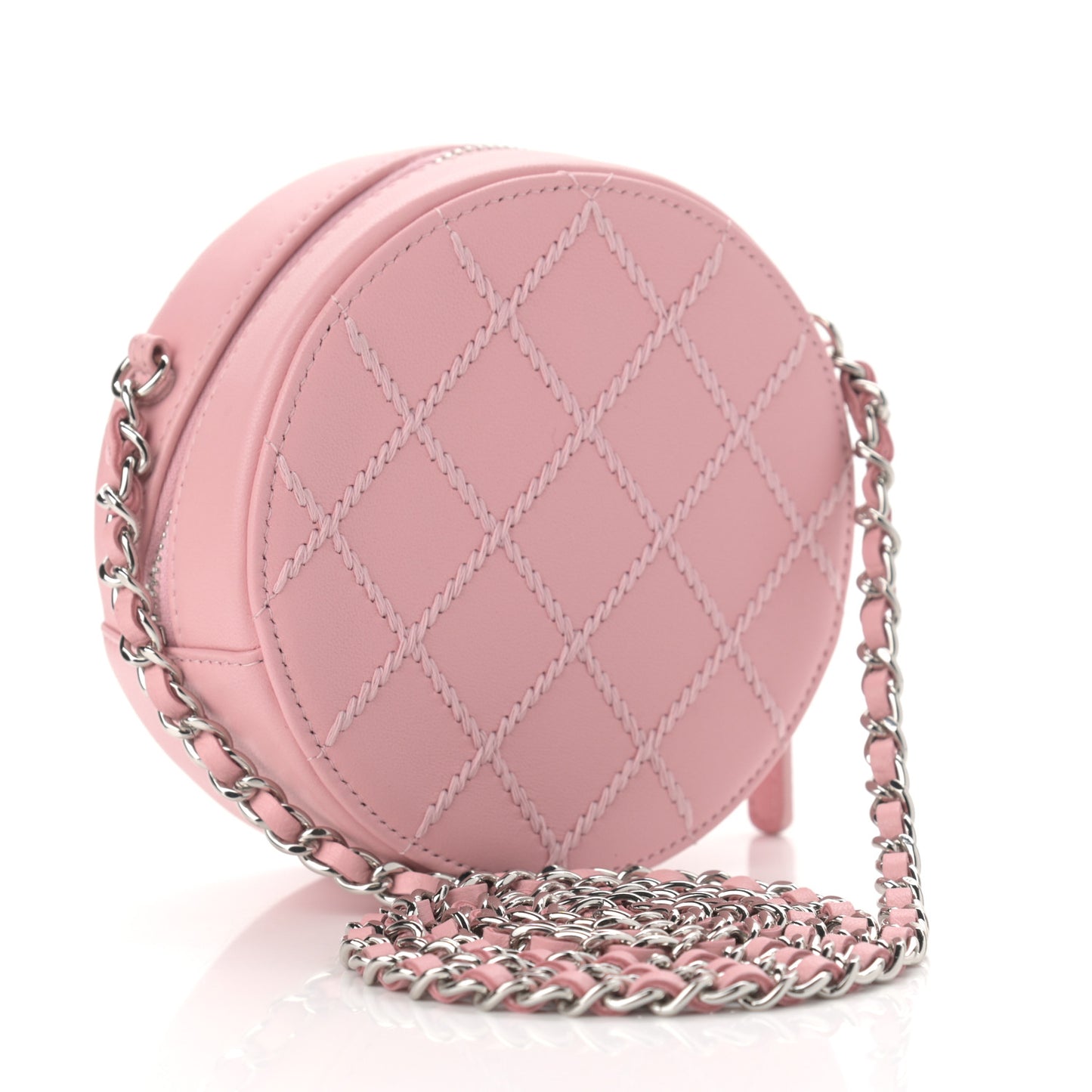 Lambskin Stitch Round Clutch With Chain Pink