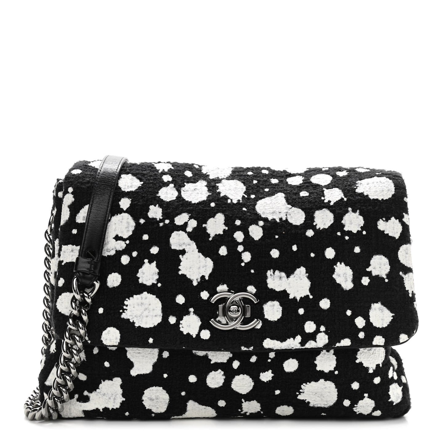 Tweed Paint Splatter Print Flap Black White