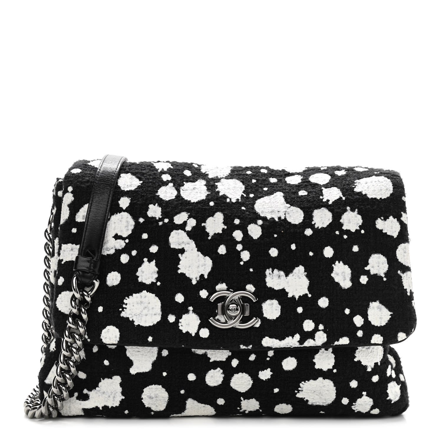 Chanel Tweed Paint Splatter Print Flap Black White 1 of 10