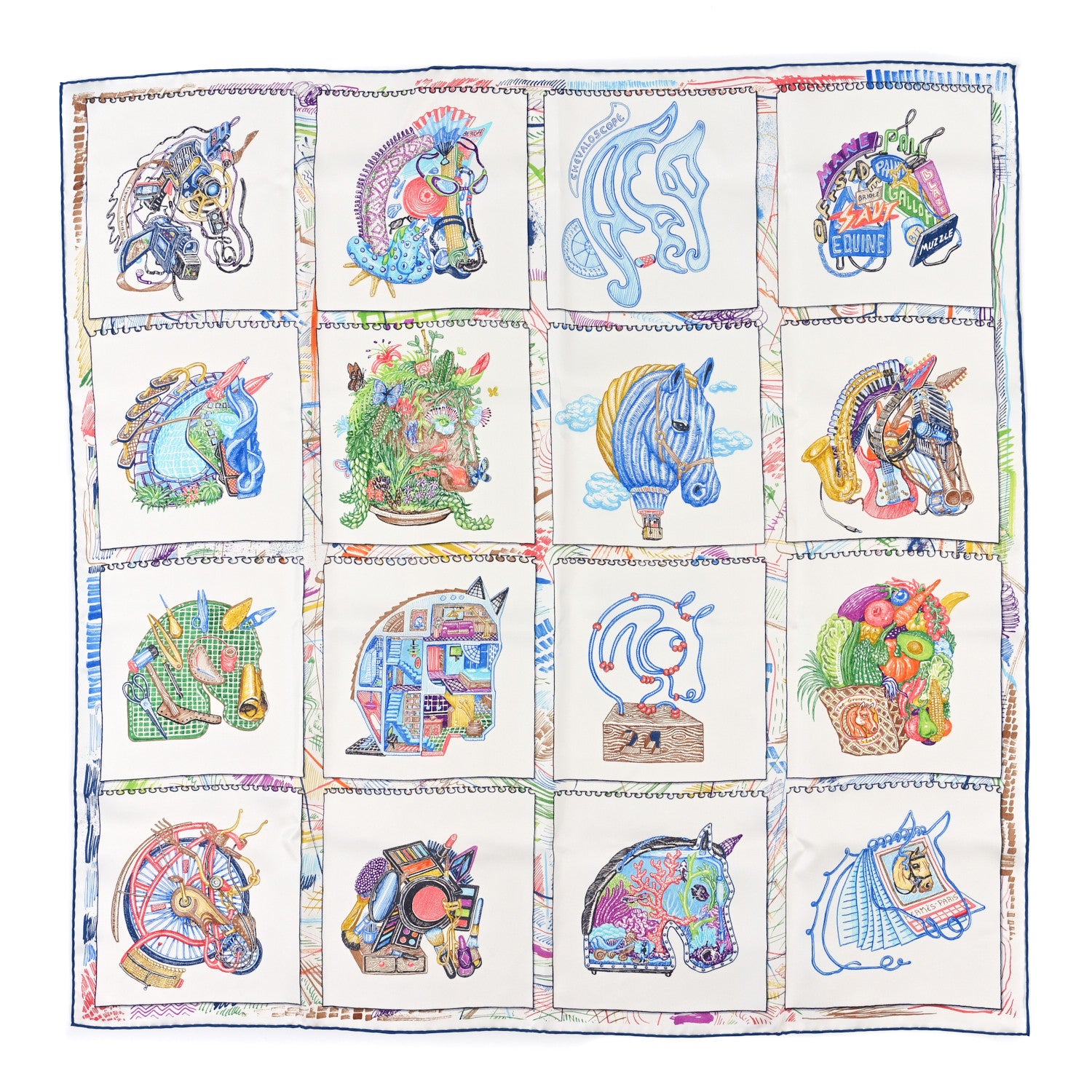 Hermes Silk Chevaloscope Scarf 90 White Bleu Multicolor 1 of 3