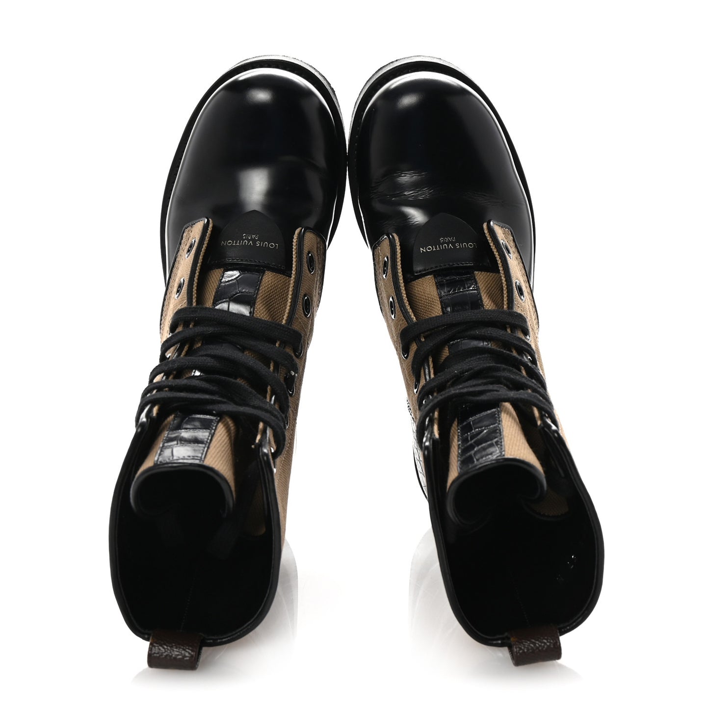 Canvas Calfskin Crocodile Embossed Metropolis Flat Ranger Boots 37 Kaki