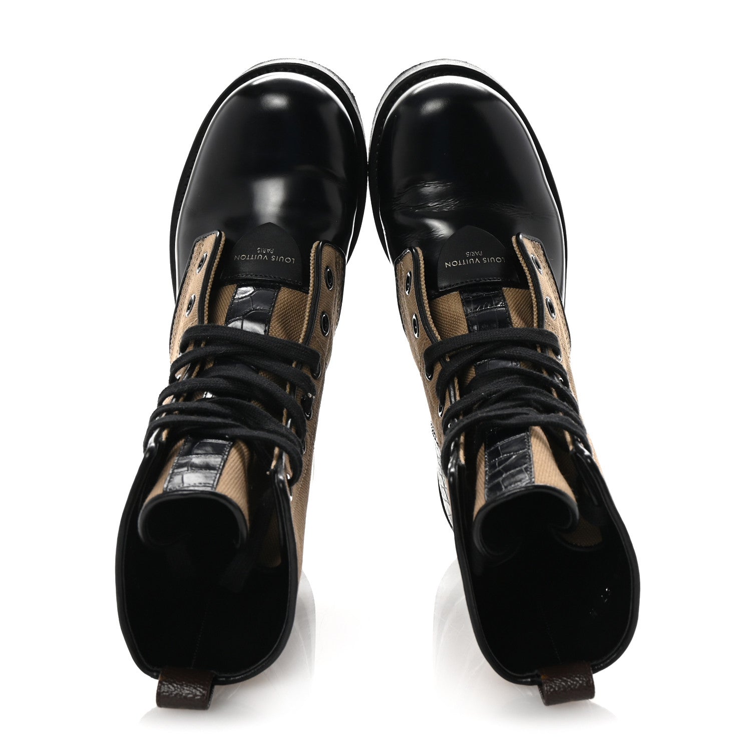 Louis Vuitton Canvas Calfskin Crocodile Embossed Metropolis Flat Ranger Boots 37 Kaki 2 of 10