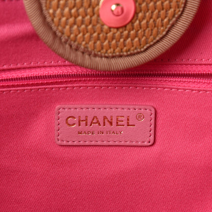 Chanel Straw Raffia Calfskin Striped Large Deauville Tote Dark Beige Fuchsia Navy Blue 9 of 11