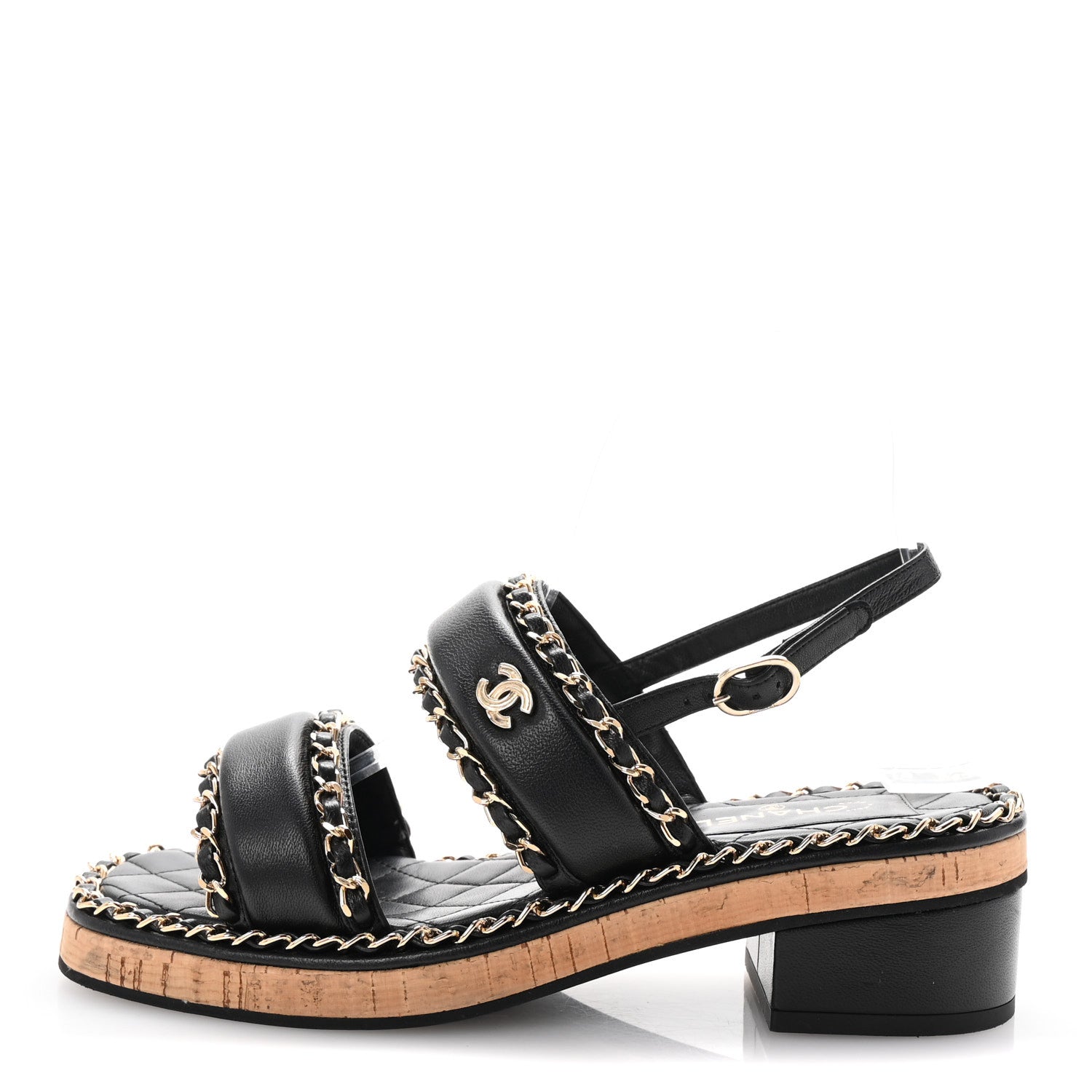Chanel Lambskin Cork Chain Sandals 36 Black 1 of 10