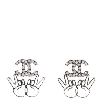 Chanel Crystal CC Peace Sign Emoji Earrings Silver 1 of 5