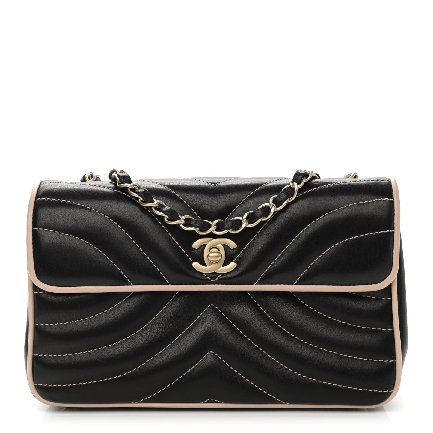 Lambskin Chevron Small Single Flap Bag Black Beige