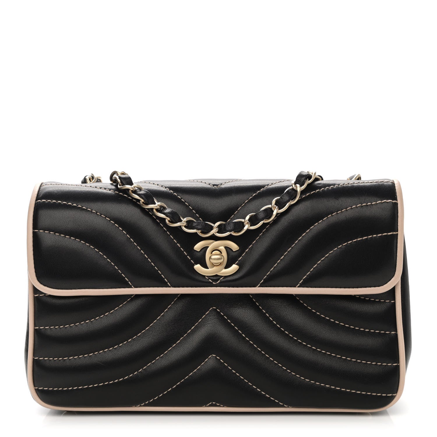Chanel Lambskin Chevron Small Single Flap Bag Black Beige 1 of 10