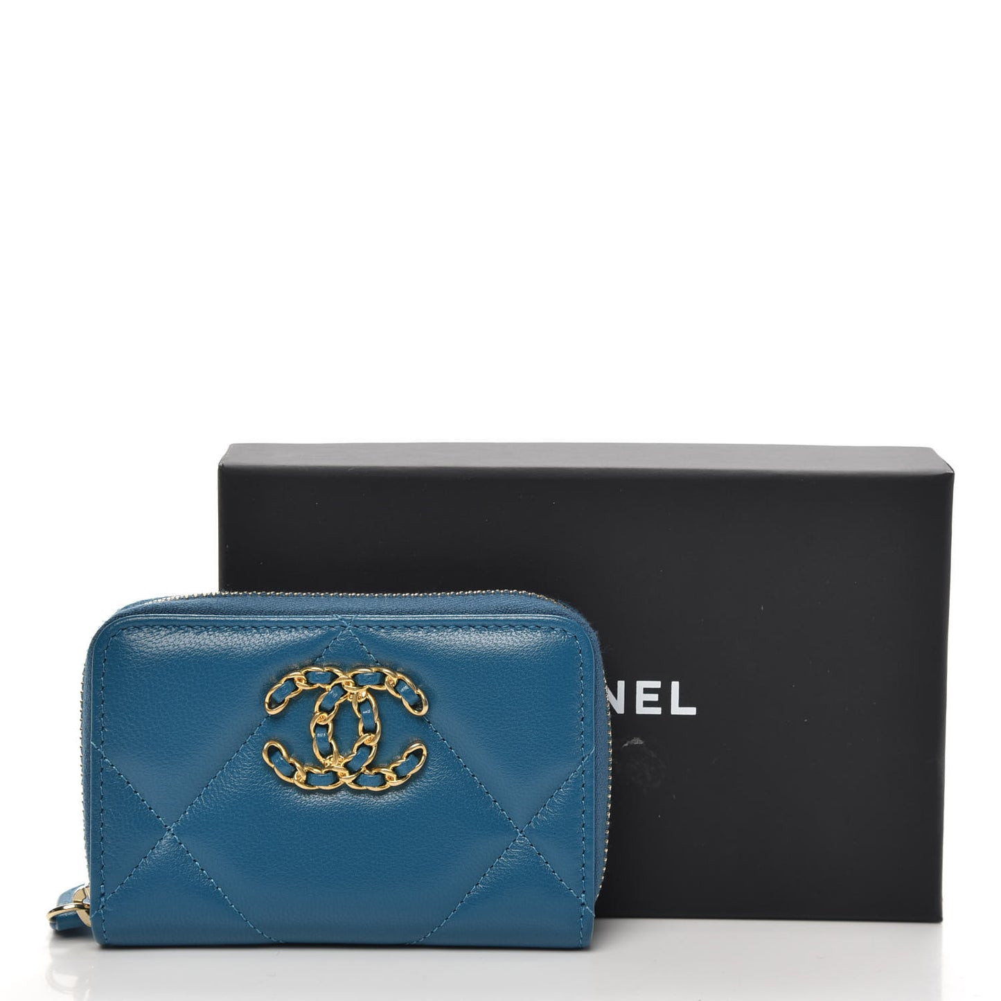 Goatskin Quilted Chanel 19 Zip Around Coin Purse Wallet Turquoise