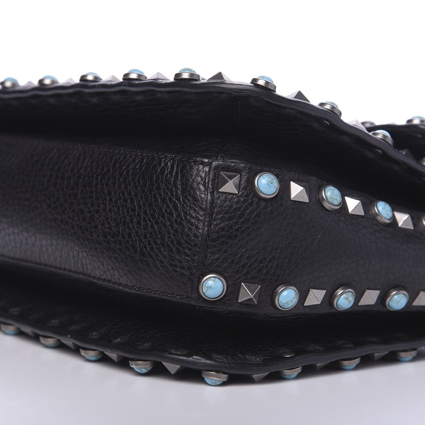 Pebbled Calfskin Turquoise Medium Guitar Strap Rockstud Rolling Flap Saddle Bag Black