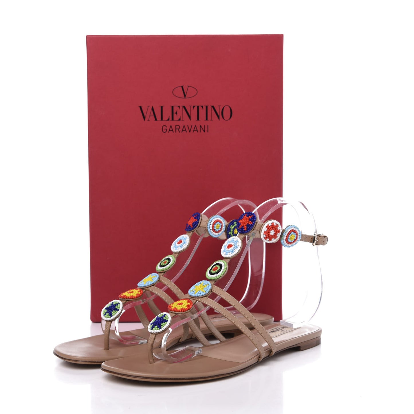 Nappa Beaded Medallion Ankle Wrap Flat Thong Sandals 39 Skin Sorbet