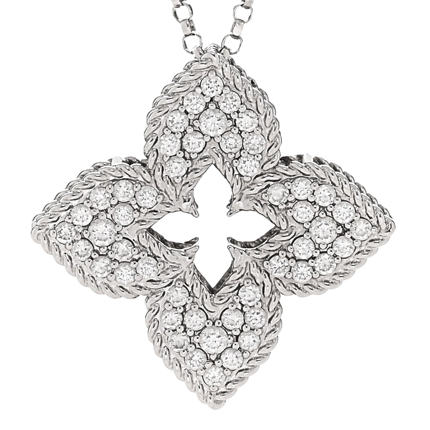 18K White Gold Diamond Medium Venetian Princess Flower Pave Pendant Necklace