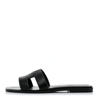 Hermes Box Calfskin Oran Sandals 37.5 Black 1 of 9