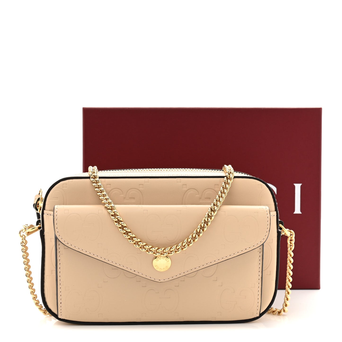 Calfskin GG Super Mini Debossed Chain Wallet Souffle Rose