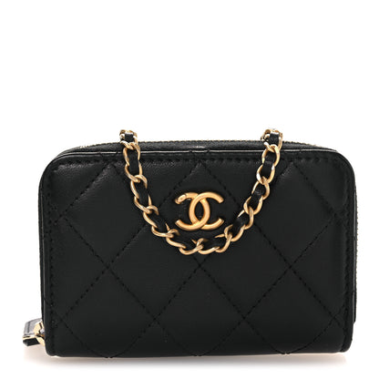 Chanel Lambskin Quilted CC Pearl Crush Zip Card Holder On Chain Black 1 of 10