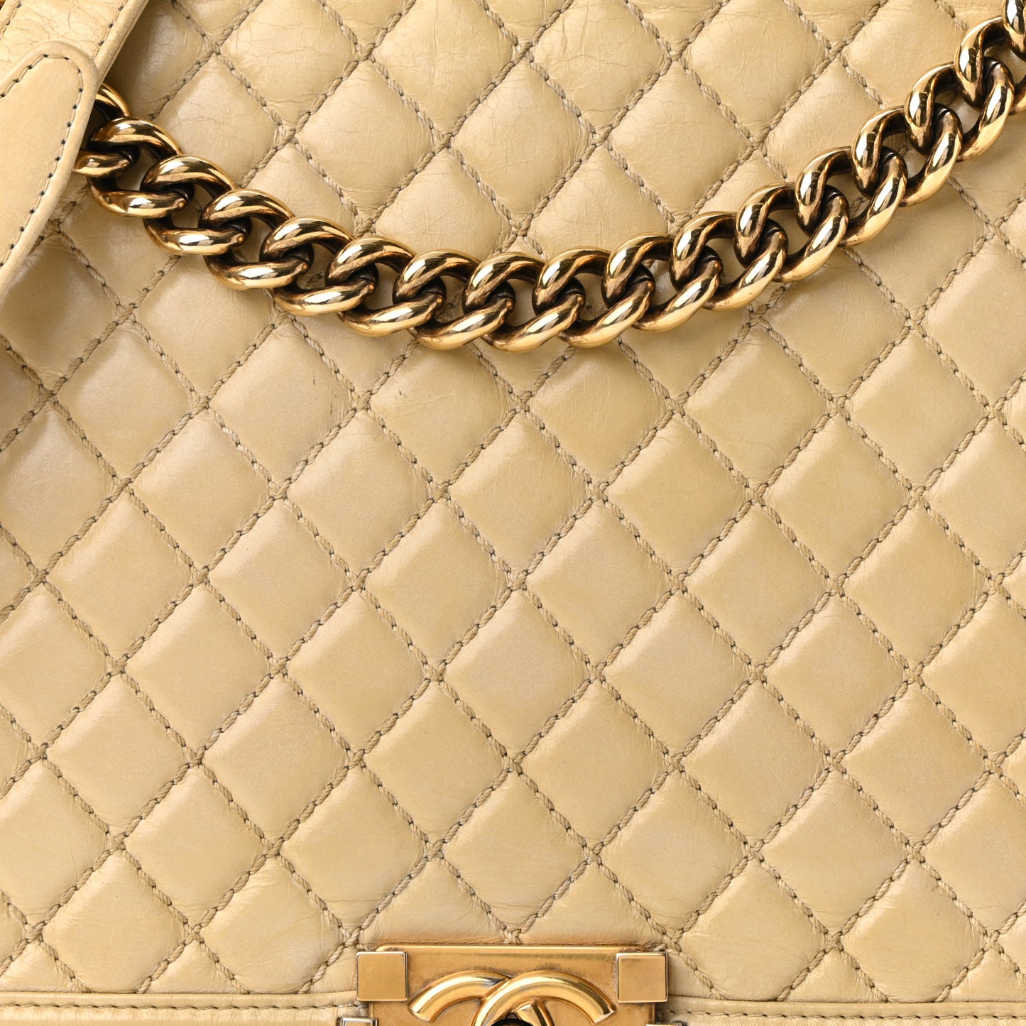 Glazed Calfskin Quilted Large Boy Flap Beige