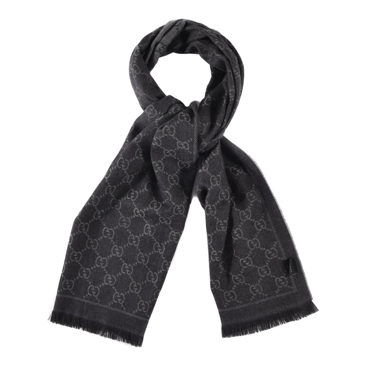 Wool Monogram Fringe Scarf Grey Black
