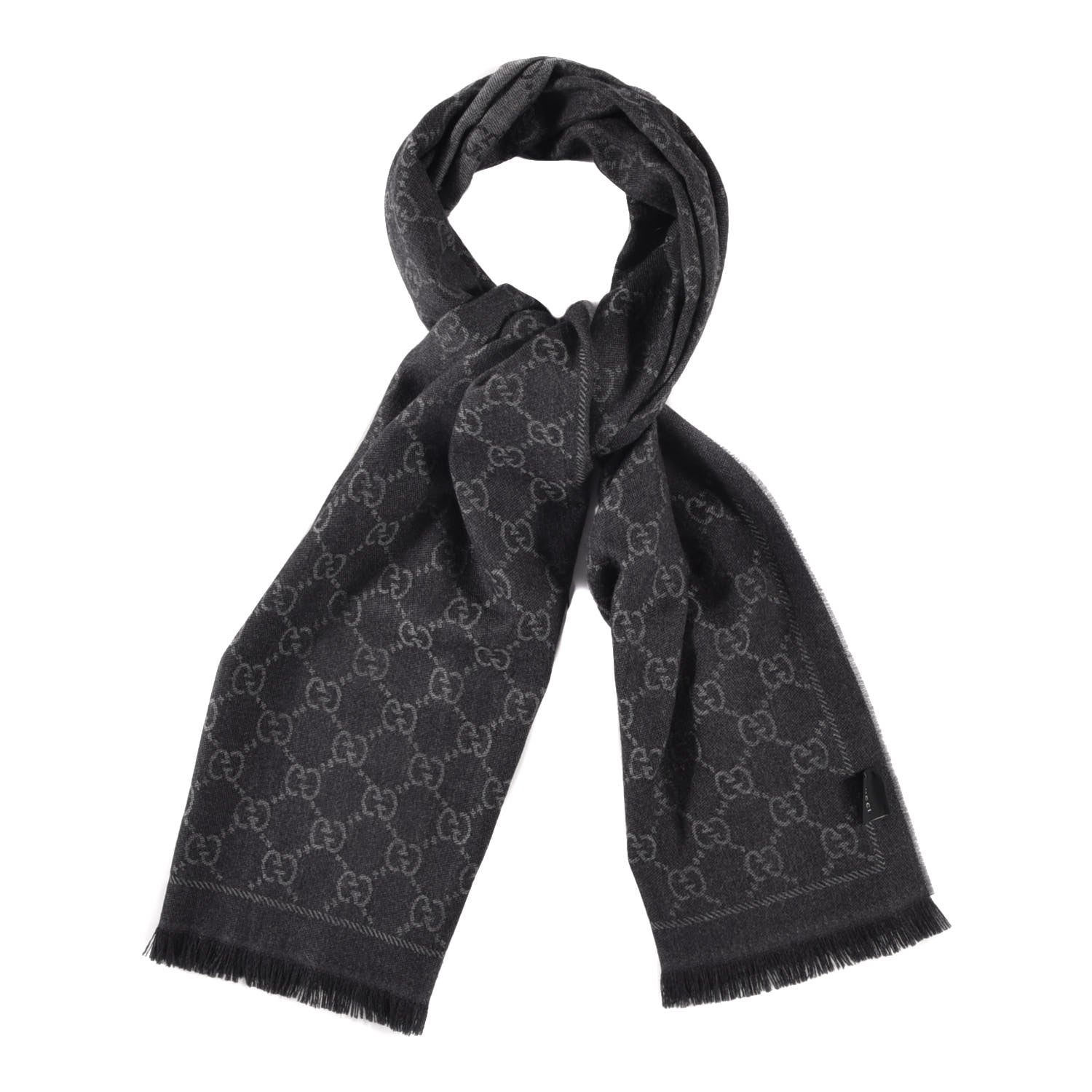 Gucci Wool Monogram Fringe Scarf Grey Black 1 of 4