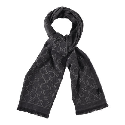Gucci Wool Monogram Fringe Scarf Grey Black 1 of 4