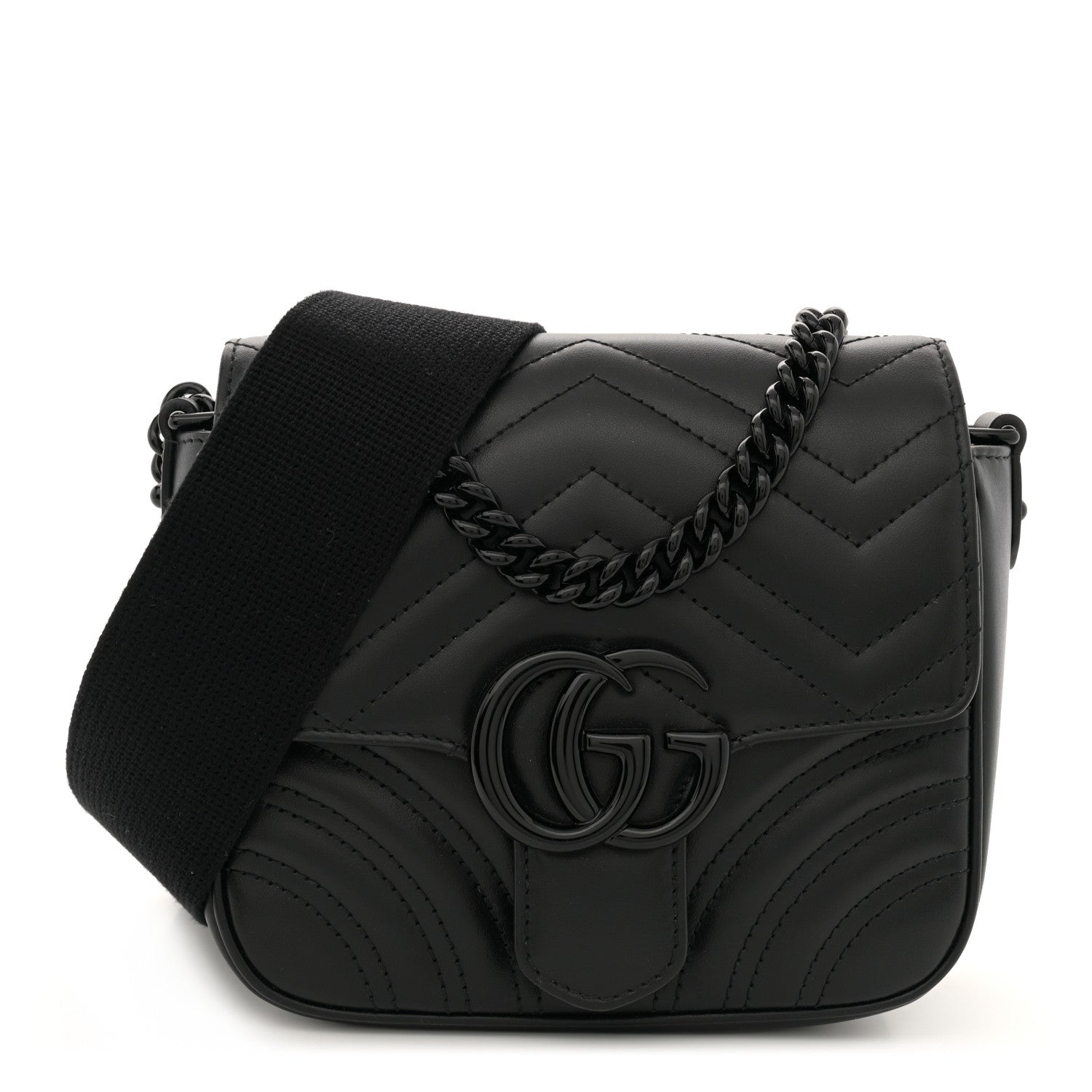Gucci Calfskin Matelasse Monochrome Mini GG Marmont Crossbody Shoulder Bag Black 1 of 11