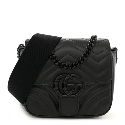 Gucci Calfskin Matelasse Monochrome Mini GG Marmont Crossbody Shoulder Bag Black 1 of 11