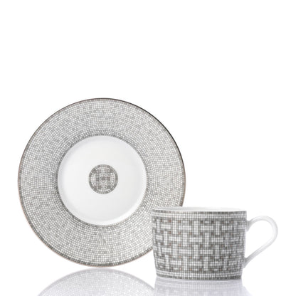 Hermes Porcelain Mosaique Au 24 Platine Tea Cup And Saucer Set Of 2 Platinum 2 of 5