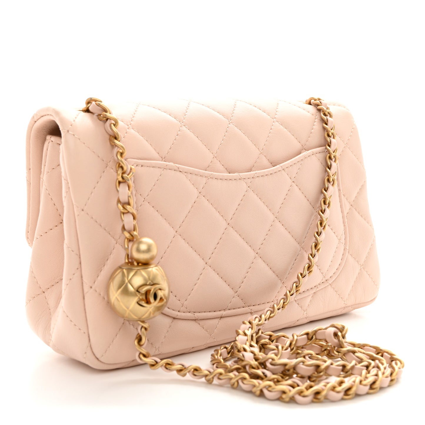Lambskin Quilted Mini Rectangular Pearl Crush Flap Light Beige