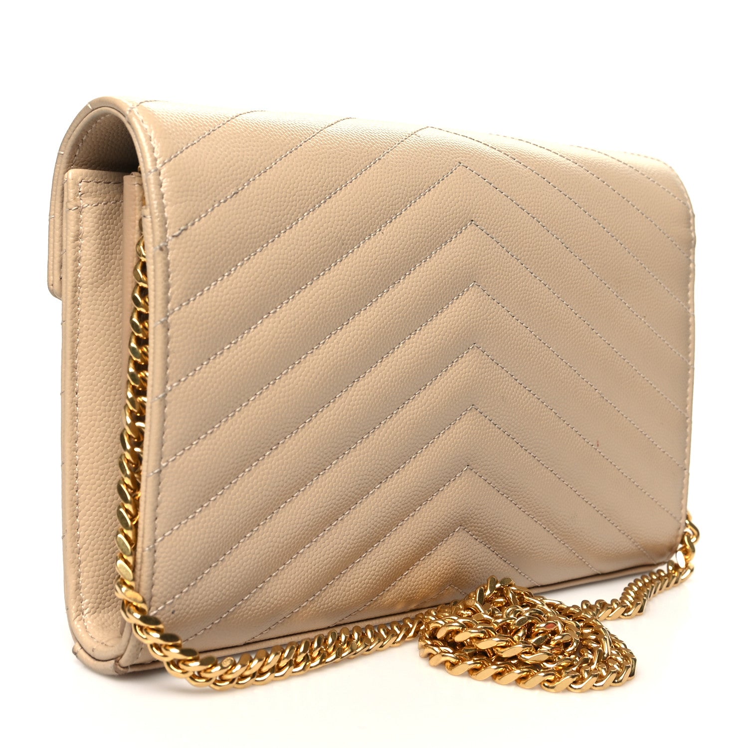 Saint Laurent Grain De Poudre Matelasse Chevron Cassandre Chain Wallet Deep Beige 3 of 10