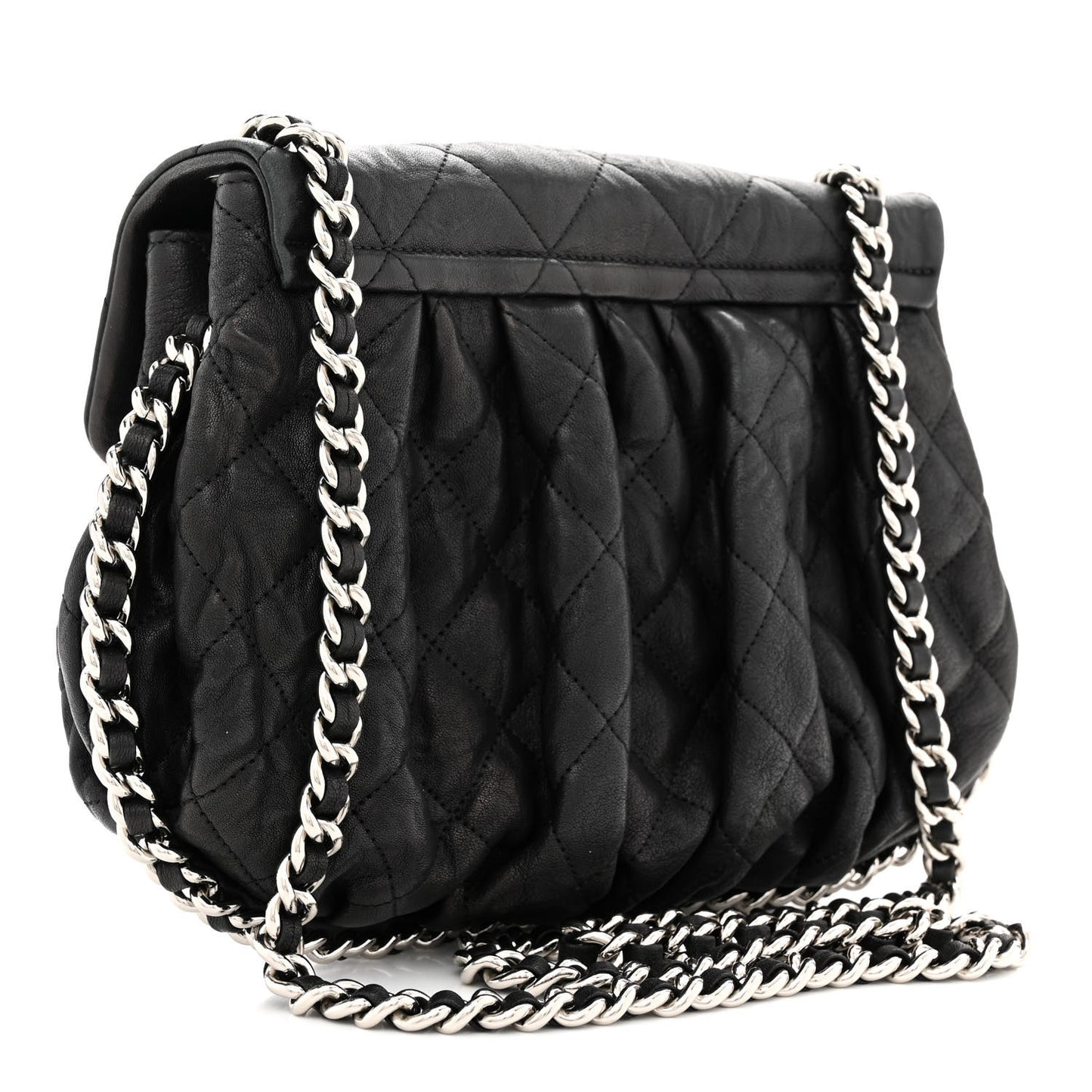 Washed Lambskin Quilted Medium Chain Around Messenger Black