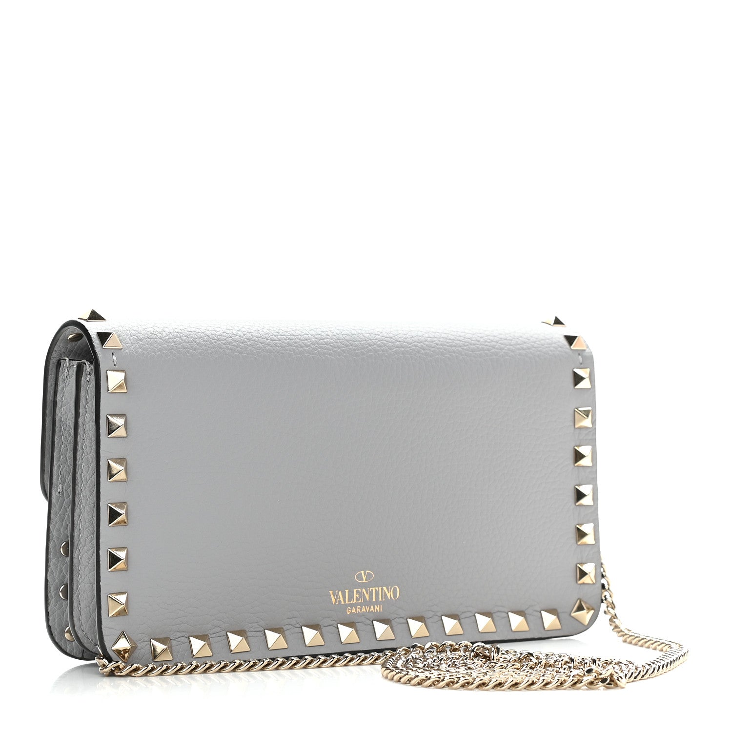 Valentino Garavani Pebbled Calfskin Rockstud Flap Wallet on Chain Pastel Grey 2 of 7