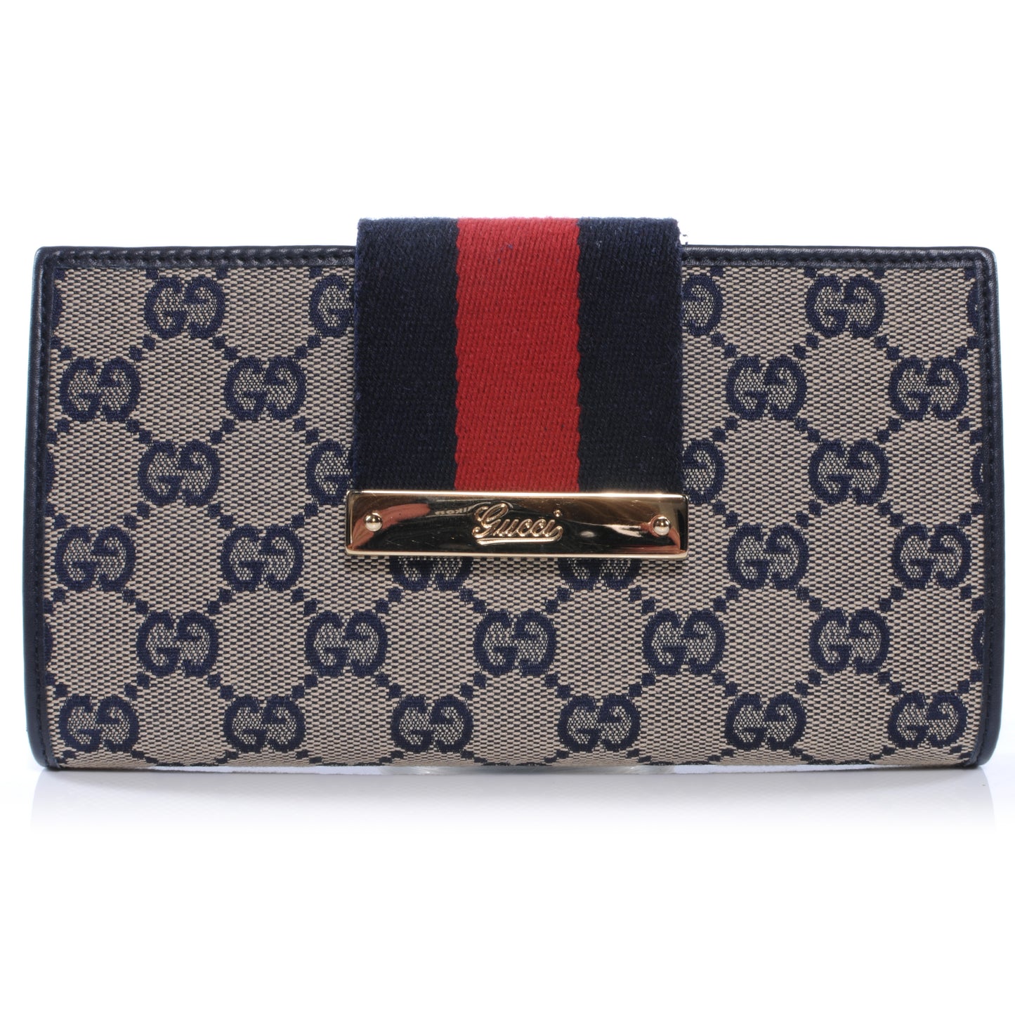 Monogram Calfskin Ladies Web Continental Wallet Beige Blue