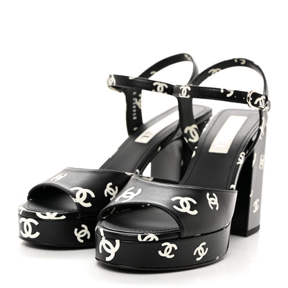 Chanel Printed Lambskin CC Platform Sandals 40 Black White 3 of 9