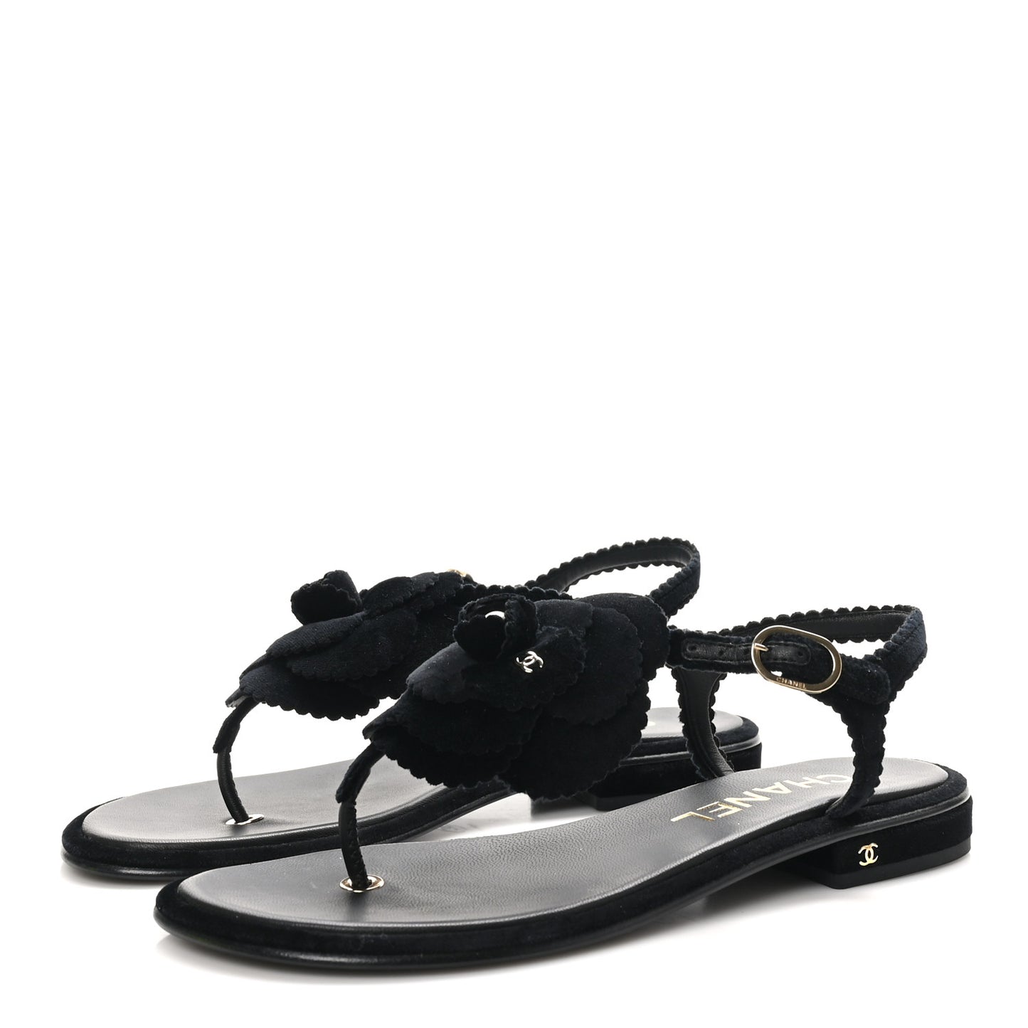 Velvet Pearl Camellia Thong Sandals 38 Black