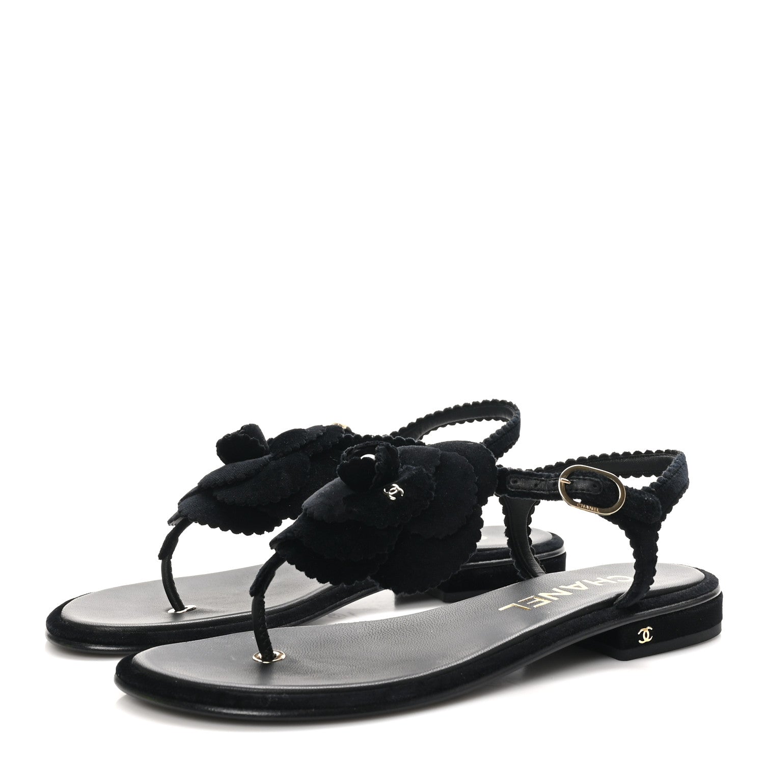 Chanel Velvet Pearl Camellia Thong Sandals 38 Black 4 of 10