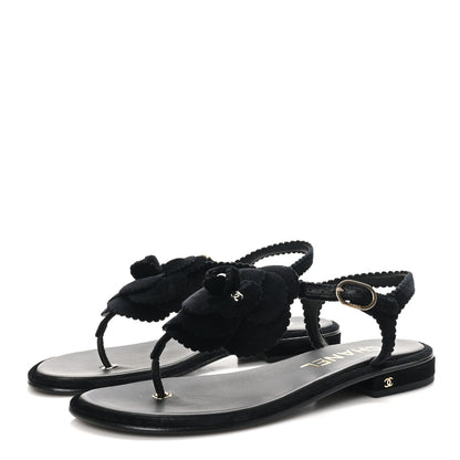 Chanel Velvet Pearl Camellia Thong Sandals 38 Black 4 of 10