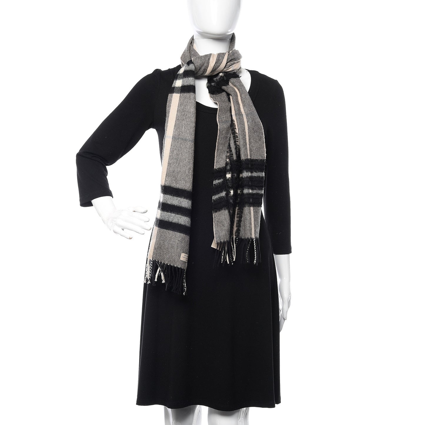 Cashmere Giant Check Fringe Scarf Grey Beige