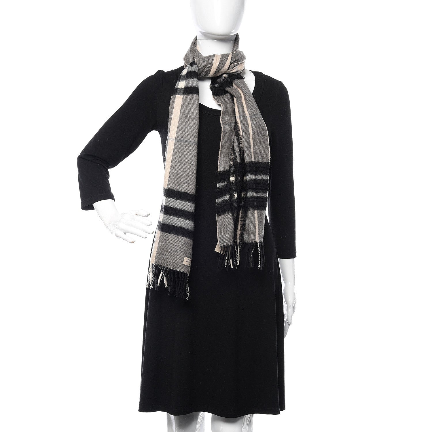 Burberry Cashmere Giant Check Fringe Scarf Grey Beige 2 of 4