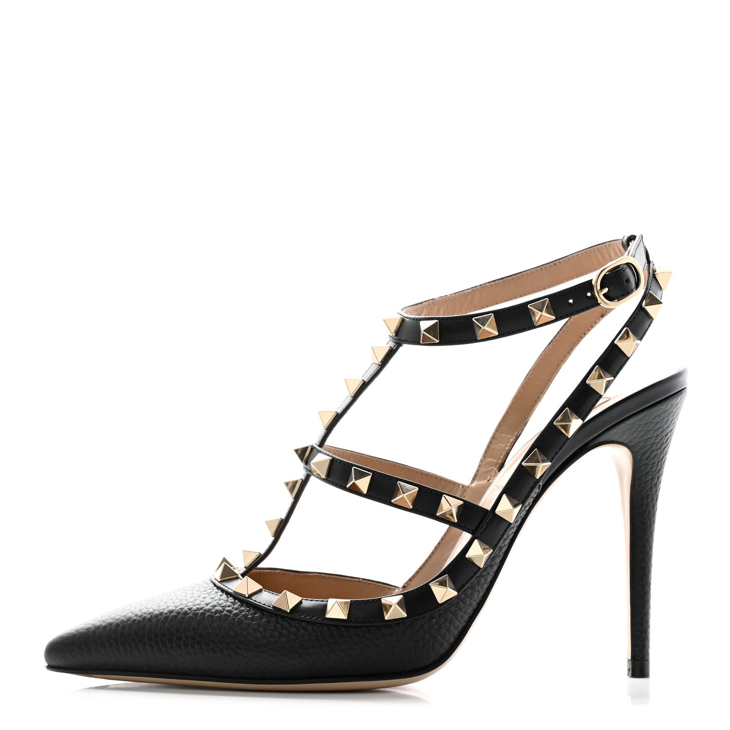 Valentino Garavani Pebbled Calfskin Rockstud Ankle Strap 100mm Pumps 39 Black 1 of 16