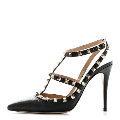 Valentino Garavani Pebbled Calfskin Rockstud Ankle Strap 100mm Pumps 39 Black 1 of 16