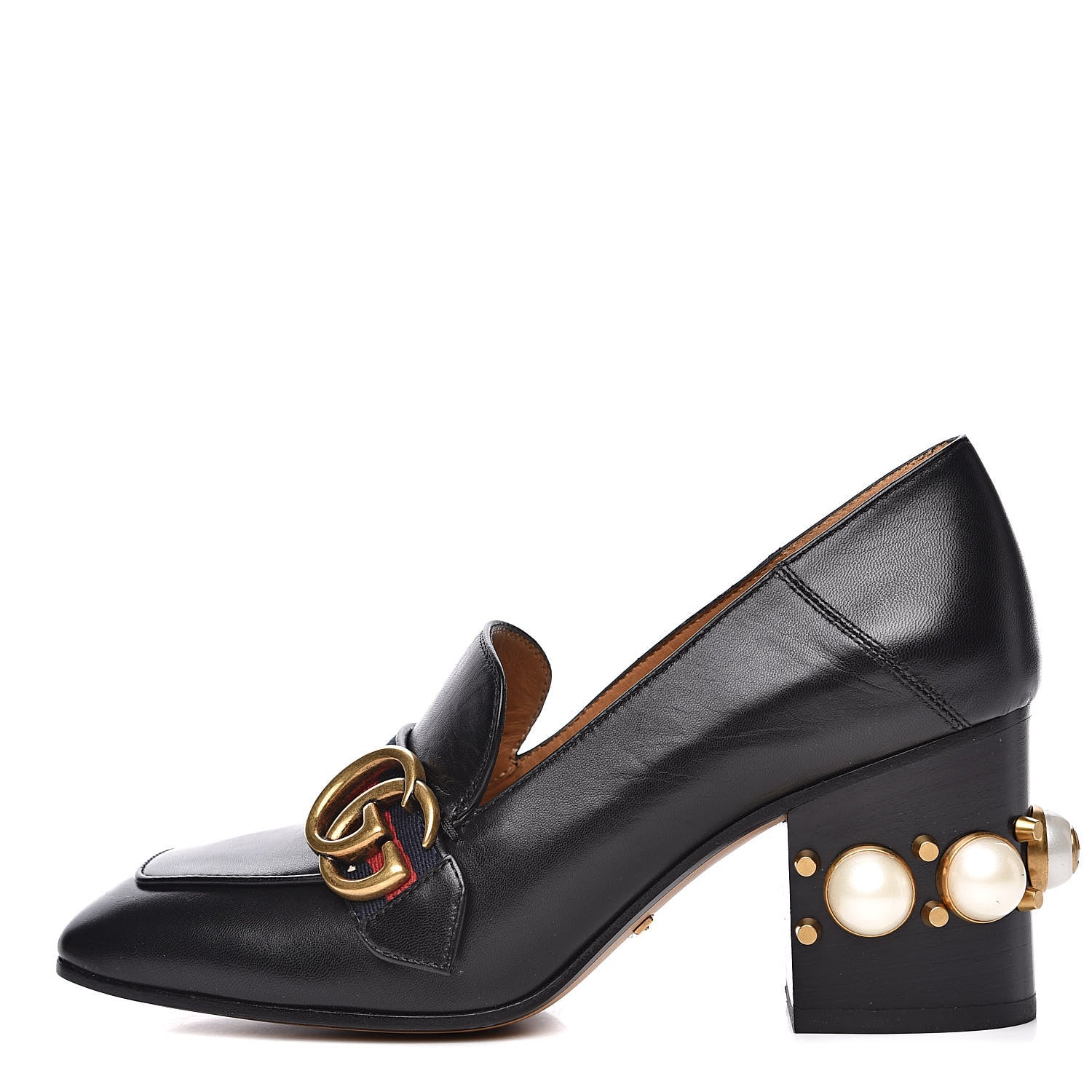 Gucci Malaga Kid Web Pearl Embellished Peyton 75mm Loafer Pumps 35.5 Black 1 of 10