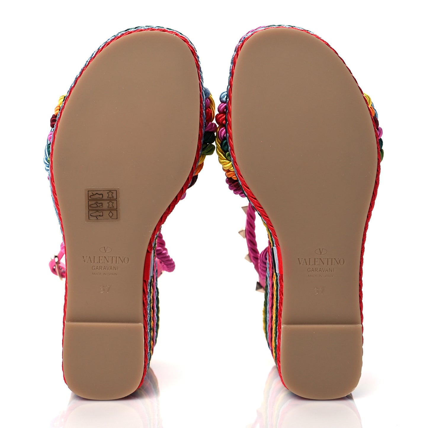 Calfskin Rockstud Ankle Strap Torchon Espadrille 25/115mm Wedge Sandals 37 Feminine Pink Multicolor