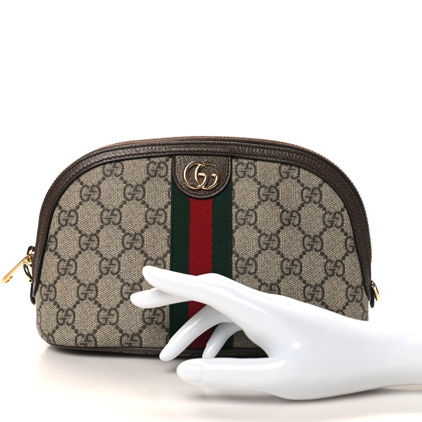 GG Supreme Monogram Textured Calfskin Web Large Ophidia Cosmetic Case Beige Ebony New Acero