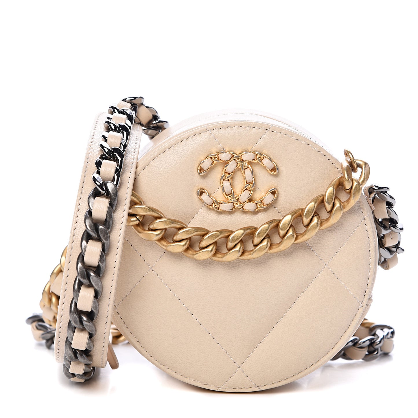 Lambskin Quilted 19 Round Clutch With Chain Beige