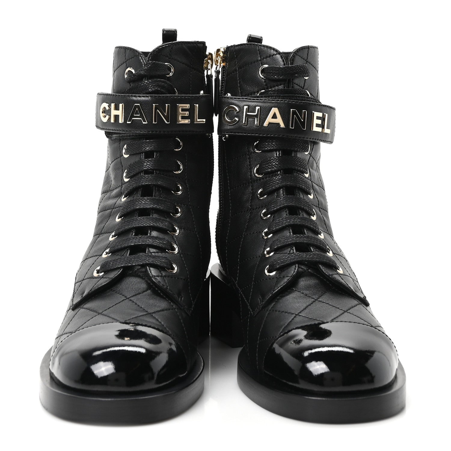 Chanel Lambskin Patent Calfskin Quilted Logo Lace Up Combat Boots 39.5 Black 3 of 10